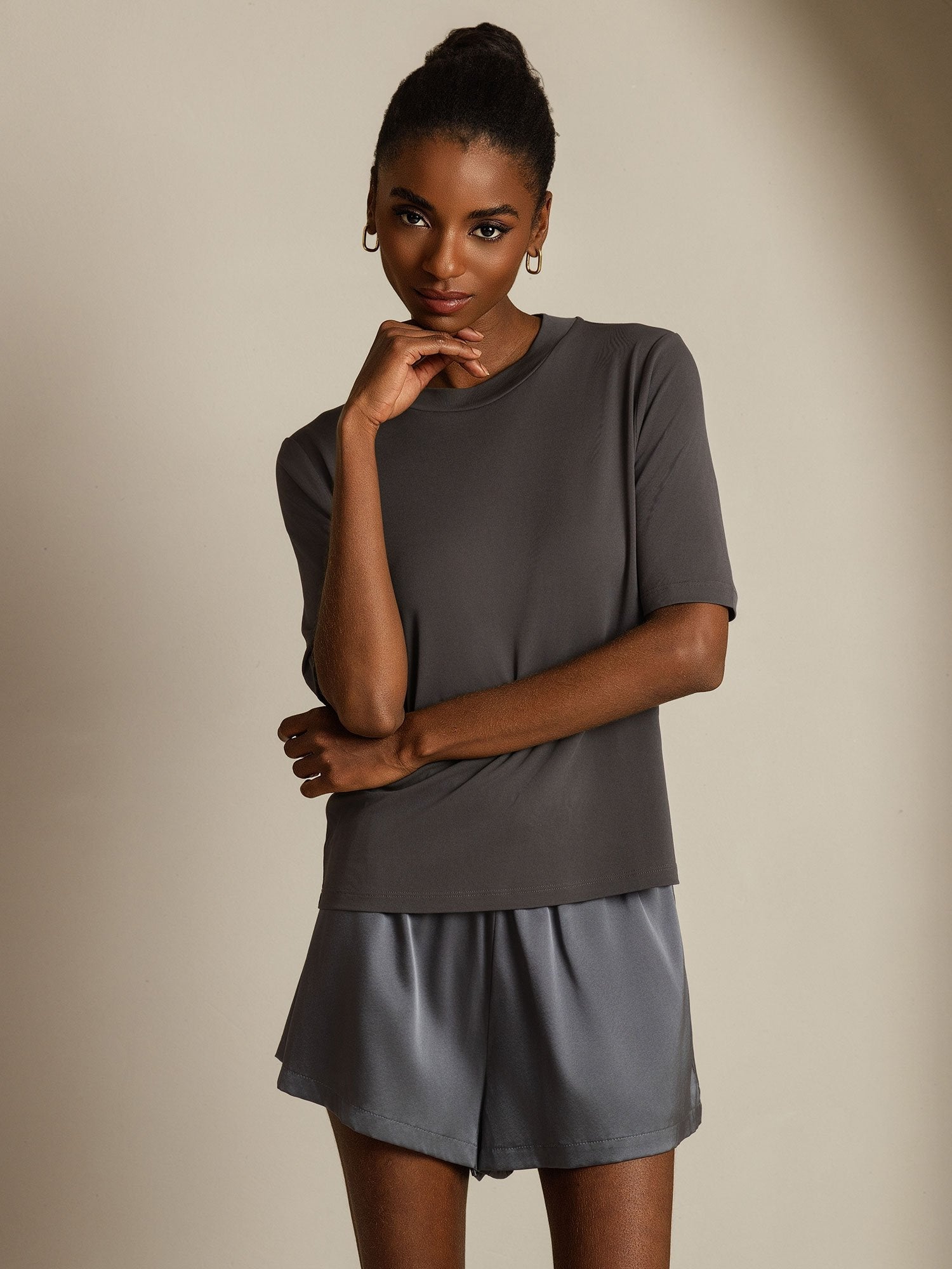 [Gray] SilkSilky-CA Pure Silk Round Neck Women's T-Shirt 005