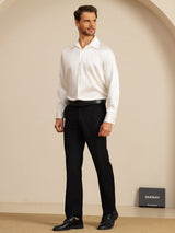 [White] SilkSilky-CA 19Momme Stretch Silk Charmeuse Long Sleeve Lapel Collar Men's Shirt 007