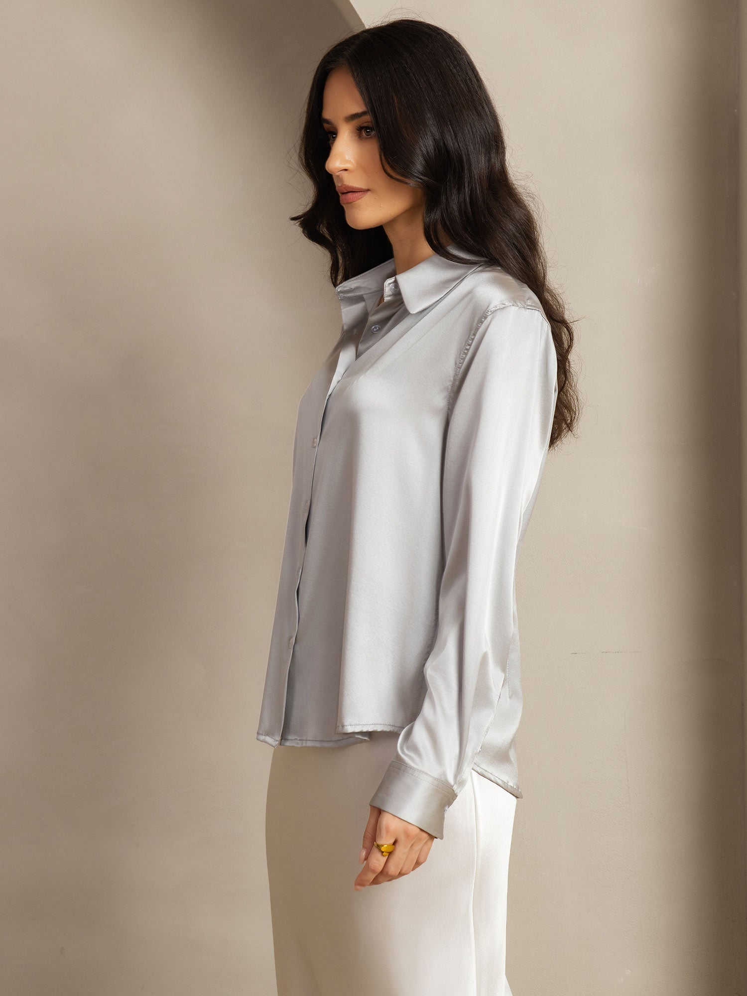 [Light Gray] SilkSilky-CA Silk Lapel Collar Women's Shirt 002