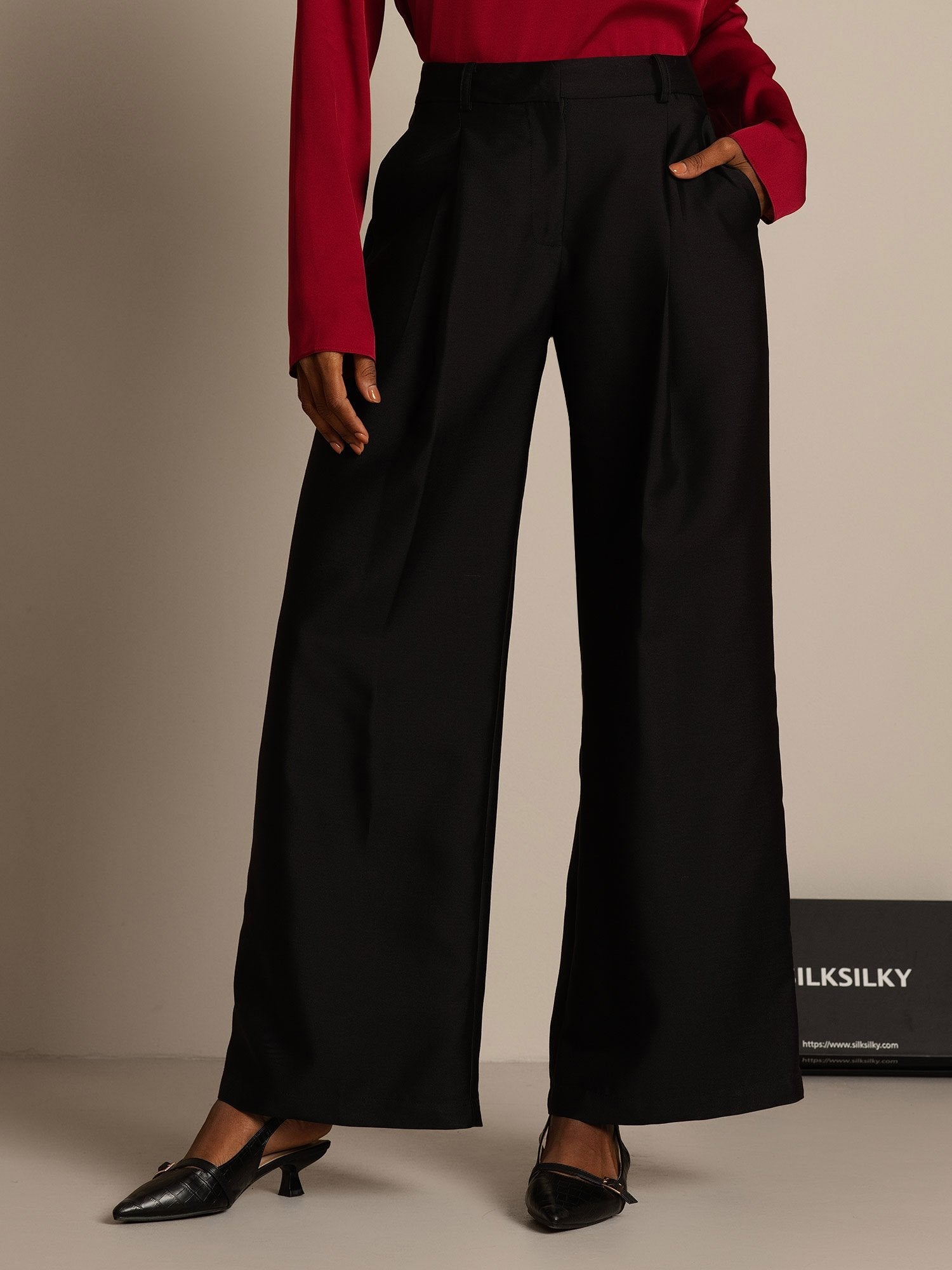 [Black] SilkSilky-CA 32Momme Silk-Wool Blend Womens Pants 001,