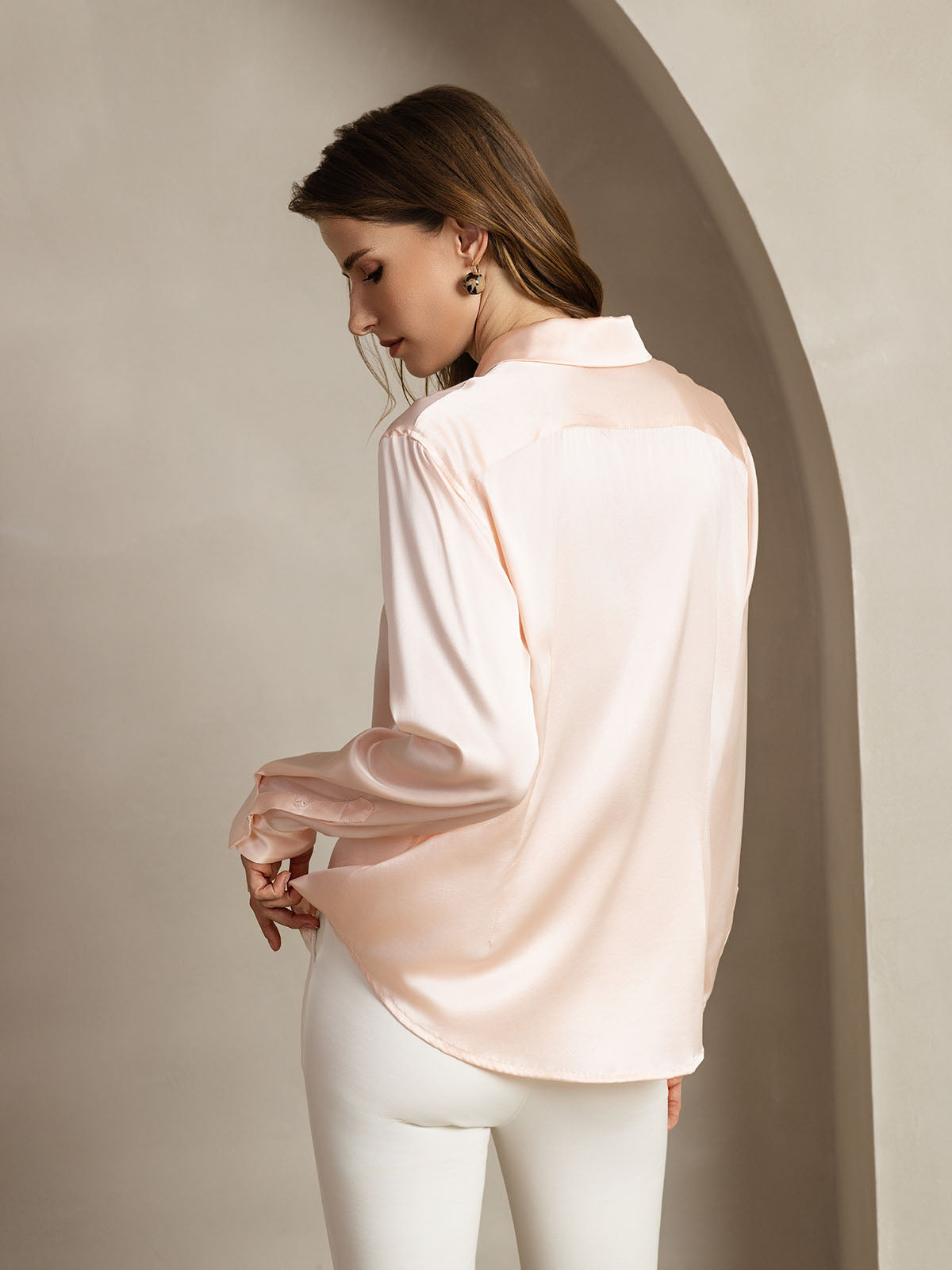 [Light Pink] SilkSilky-CA Silk Long Sleeve Lapel Collar Women's Shirt 002