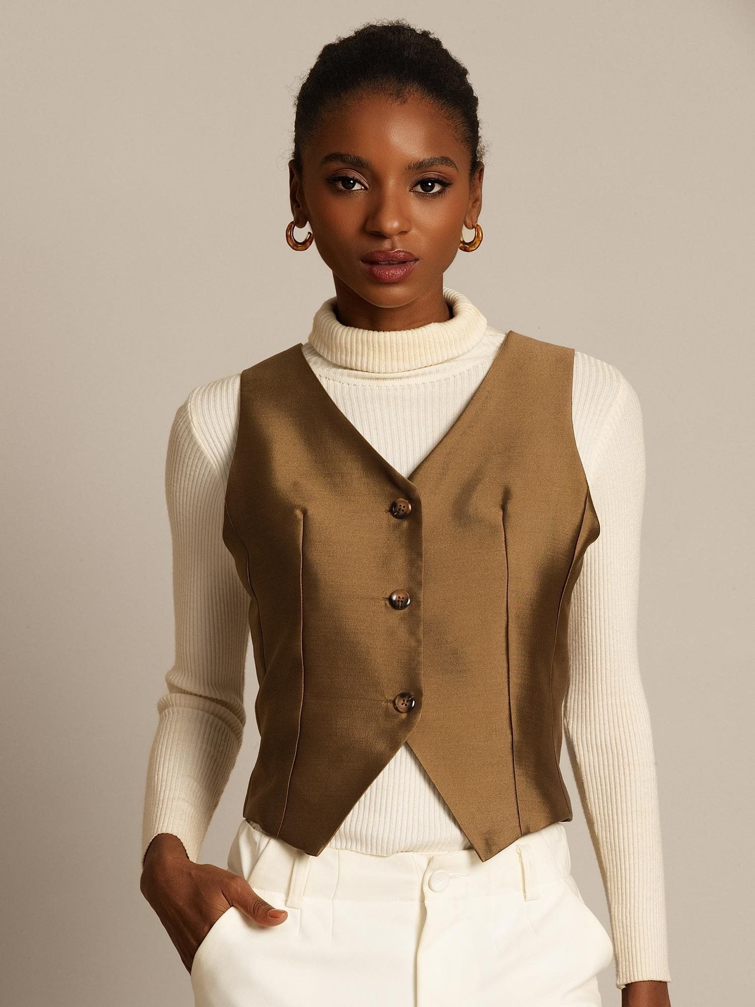 [Bronze] SilkSilky-CA 32Momme Silk-Wool Blend V Neck Women's Vest 002,