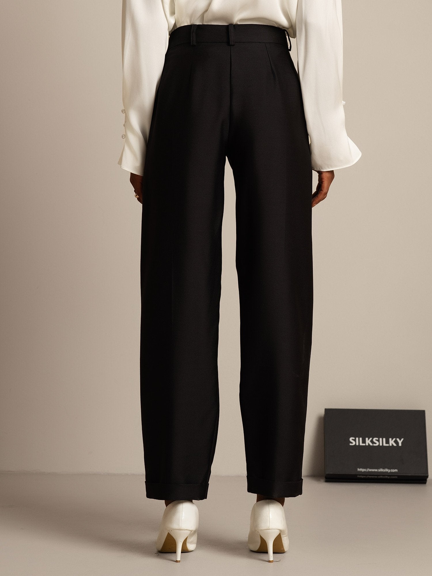 [Black] SilkSilky-CA 32Momme Silk-Wool Blend Womens Pants 002,