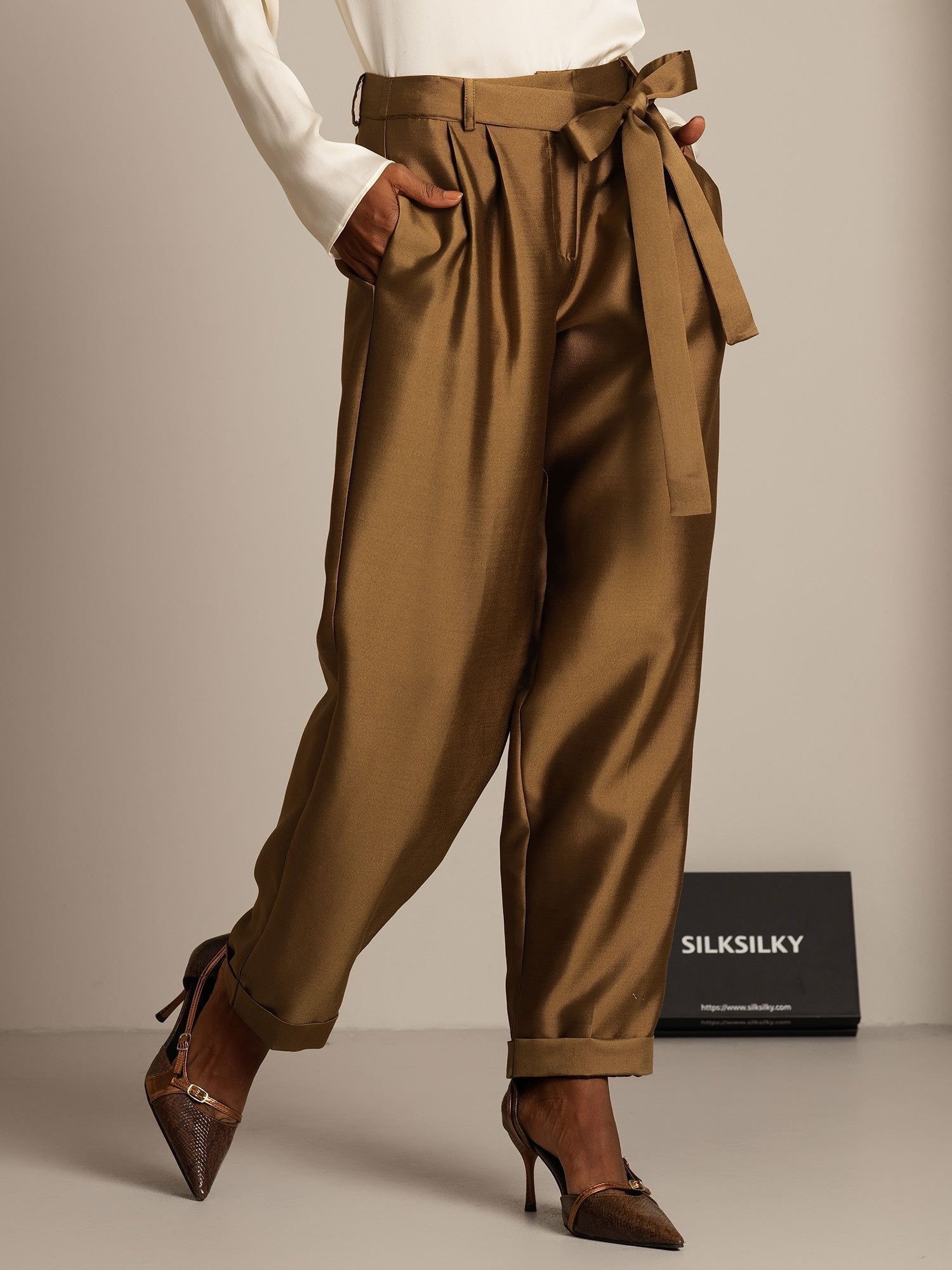[Bronze] SilkSilky-CA 32Momme Silk-Wool Blend Womens Pants 006,