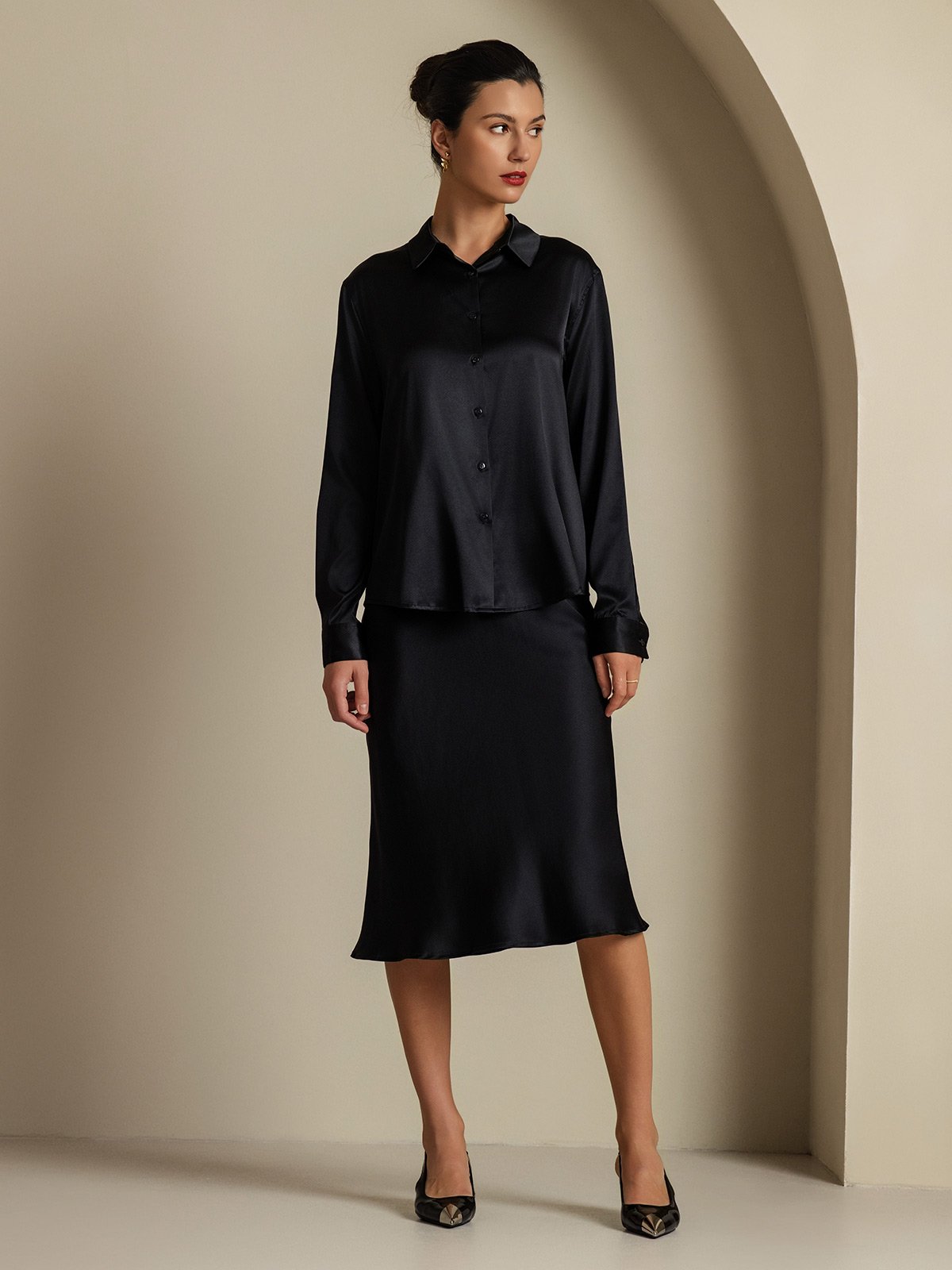 [Black] SilkSilky-CA 19Momme Silk Knitted Lapel Collar Women''s Outfit Sets 006,