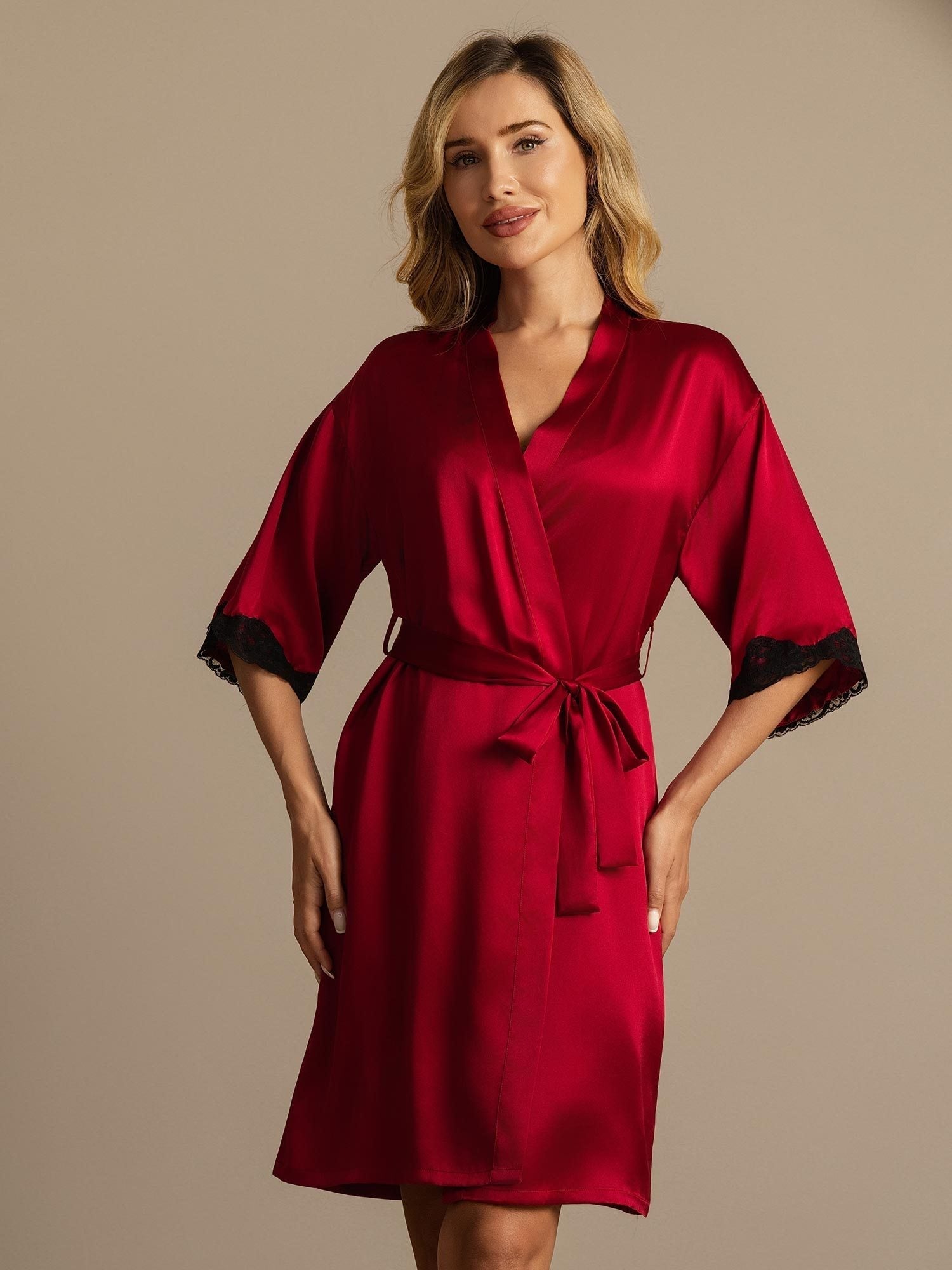 [Wine] SilkSilky-CA Half Sleeve Women's Robe 001