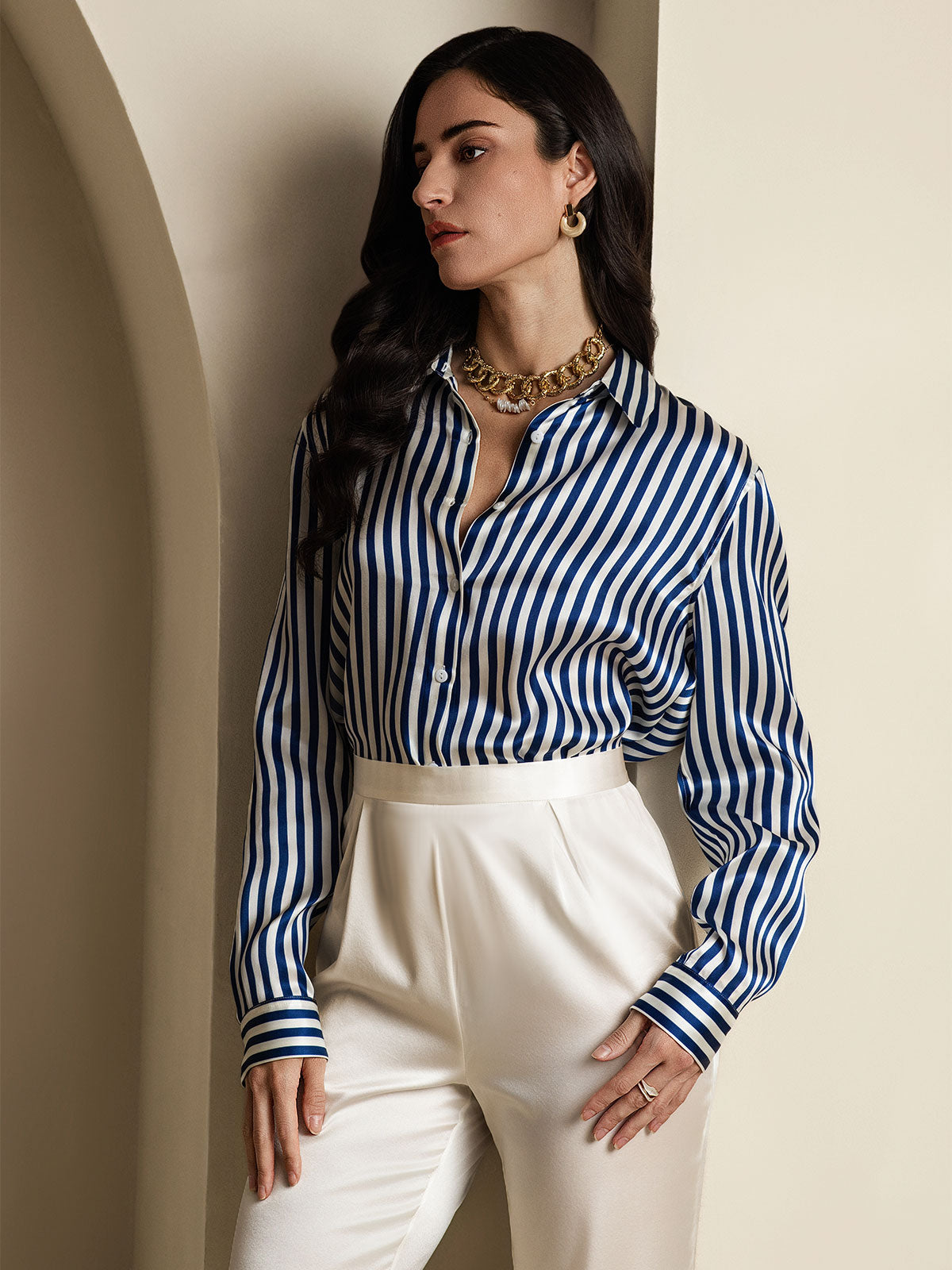 [Navy Stripe] SilkSilky-CA Silk Long Sleeve Lapel Collar Women's Shirt 008