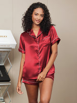 [Wine] SilkSilky-CA Short Sleeve Lapel Collar Women's Pajamas 003