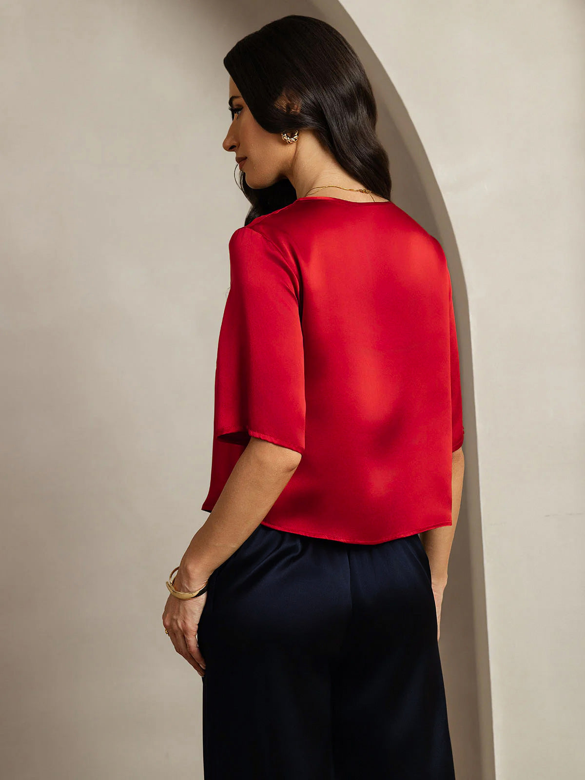 [Dark Red] SilkSilky-CA Pure Silk Boat Neck Women's T-Shirt 002