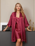 SilkSilky CA Pure Silk 3/4 Sleeve Nightgown&Robe Set Wine 001