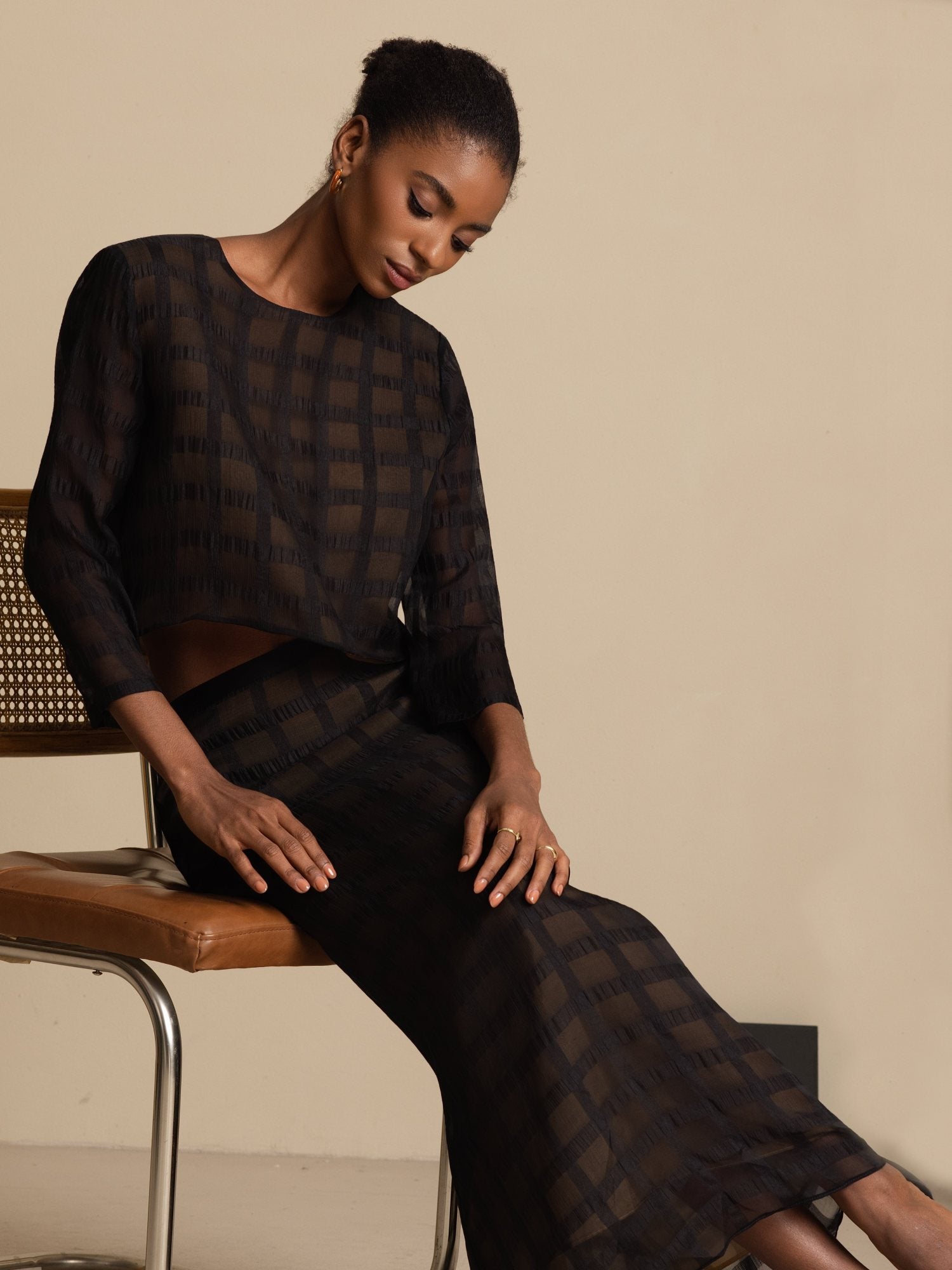 [Black] SilkSilky-CA Pure Silk Long Sleeve Round Neck Women''s Outfit Sets 008