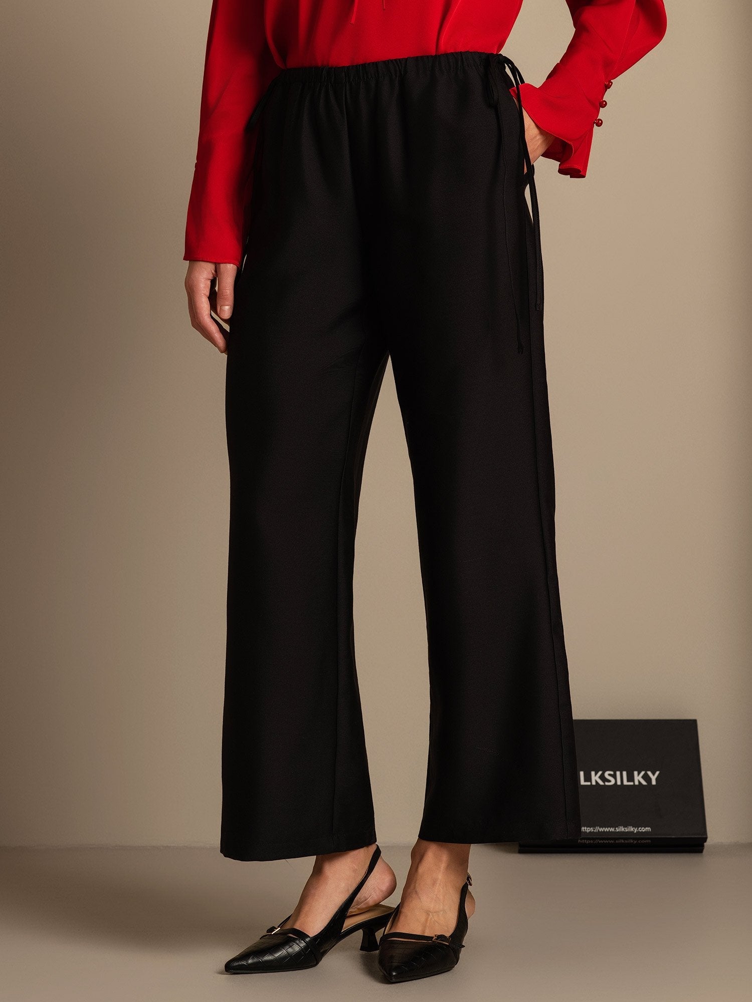 [Black] SilkSilky-CA 32Momme Silk-Wool Blend Womens Pants 003,