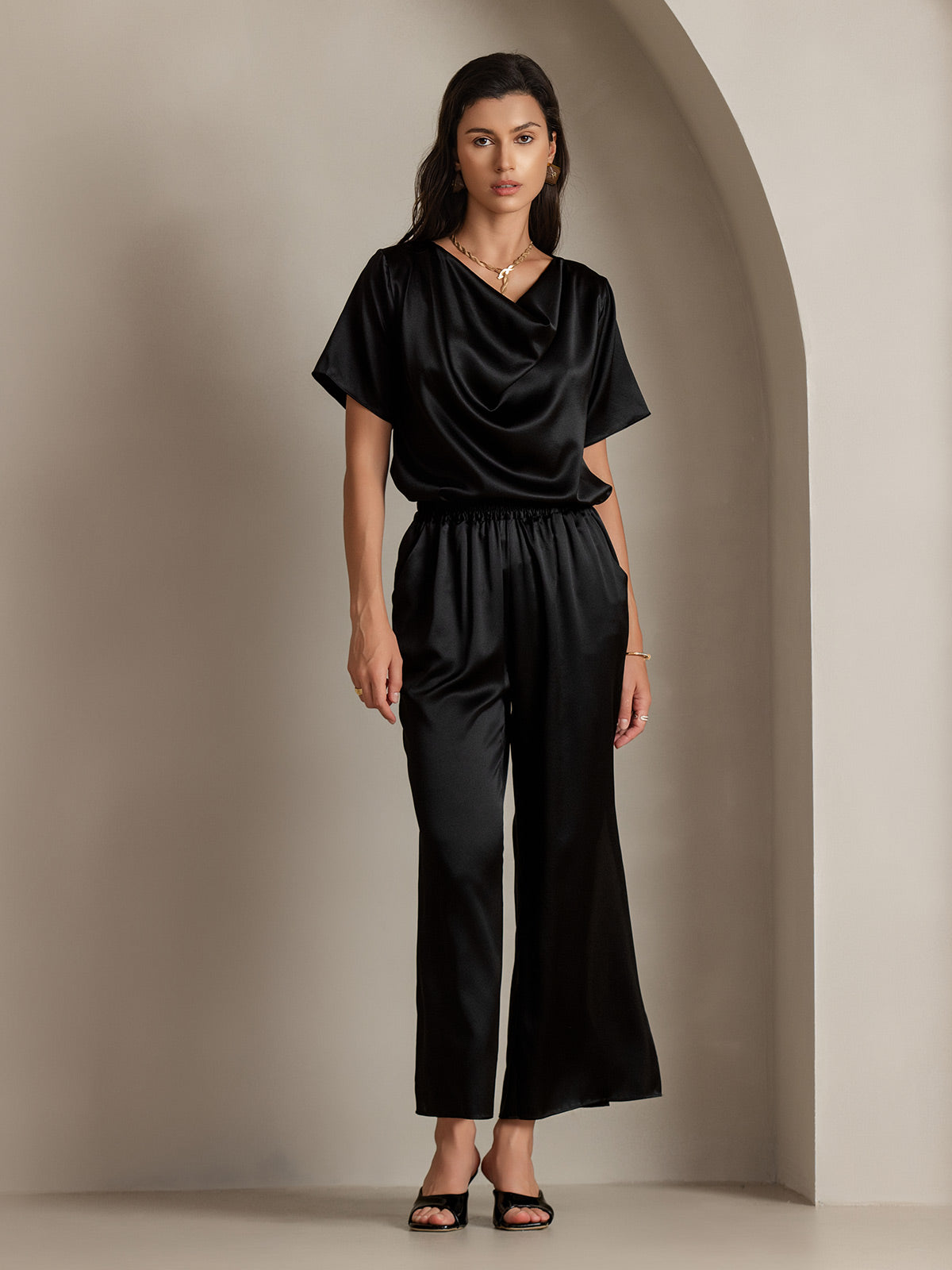 [Black] SilkSilky-CA 19Momme Silk Short Sleeve Cowl Neck Blouse 006