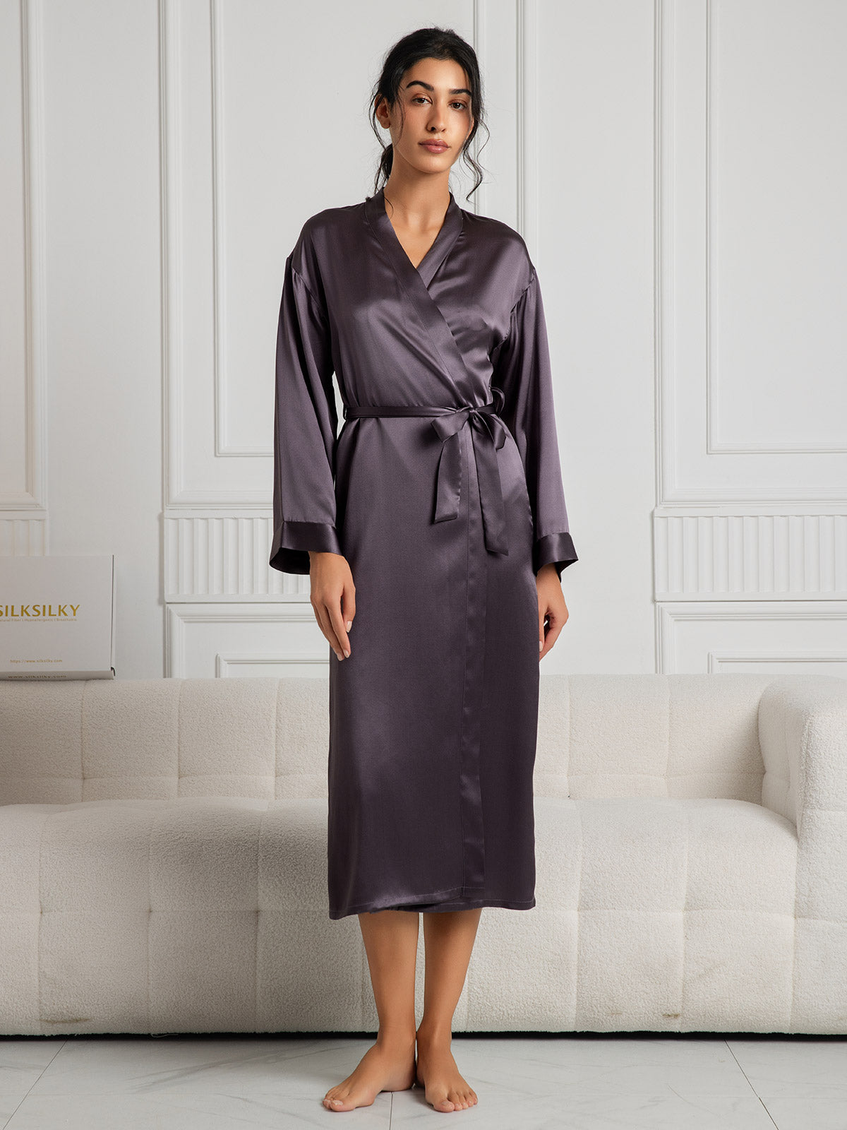 [Purple Gray] SilkSilky-CA Pure Silk Wrap Women's Robe 001