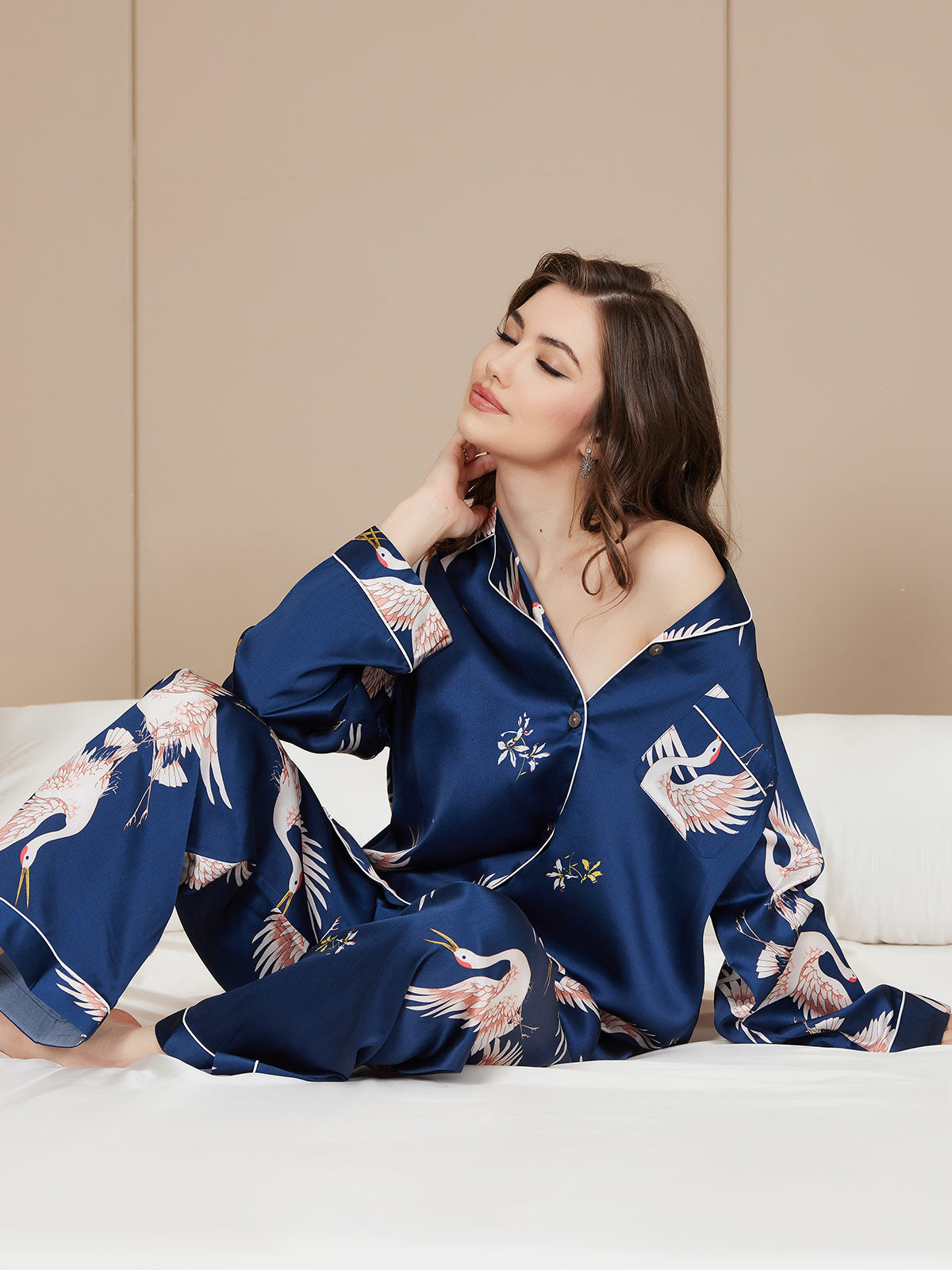 SilkSilky-CA 19Momme Pure Silk Long Sleeve Lapel Women's Pajamas DarkBlue 001