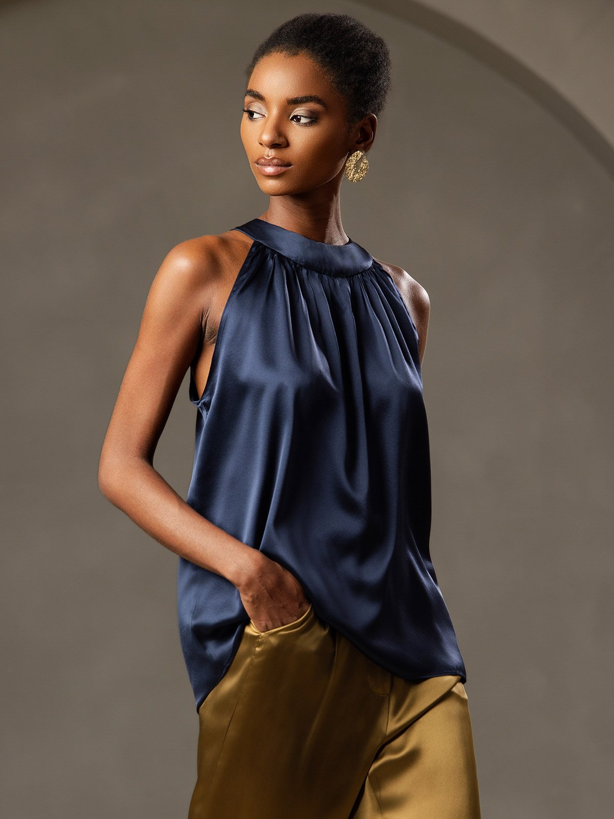 [Dark Blue] SilkSilky-CA 19Momme Silk Sleeveless Halter Neck Women's T-Shirt 001