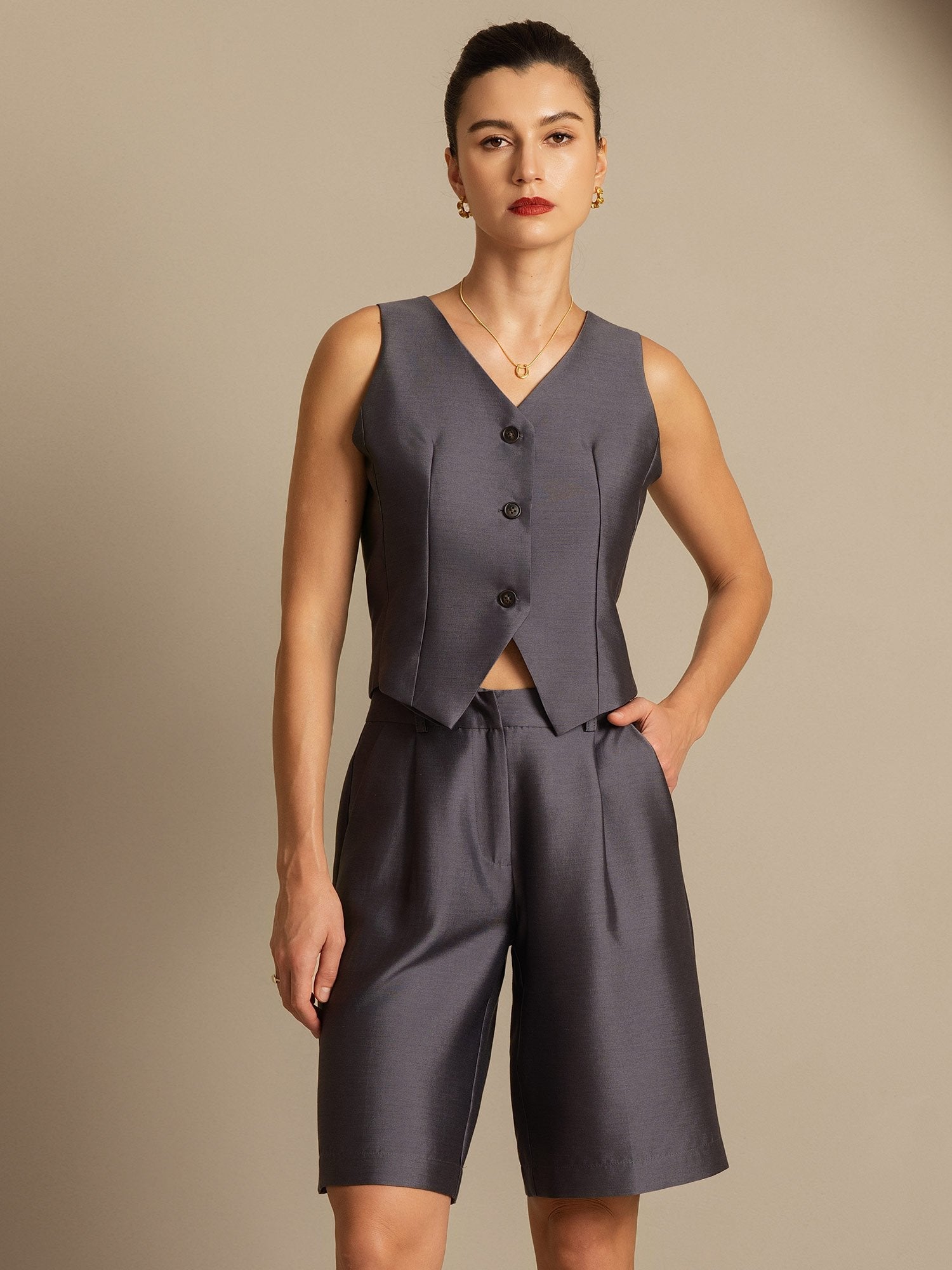 [Gray] SilkSilky-CA 32Momme Silk-Wool Blend V Neck Women's Vest 006,