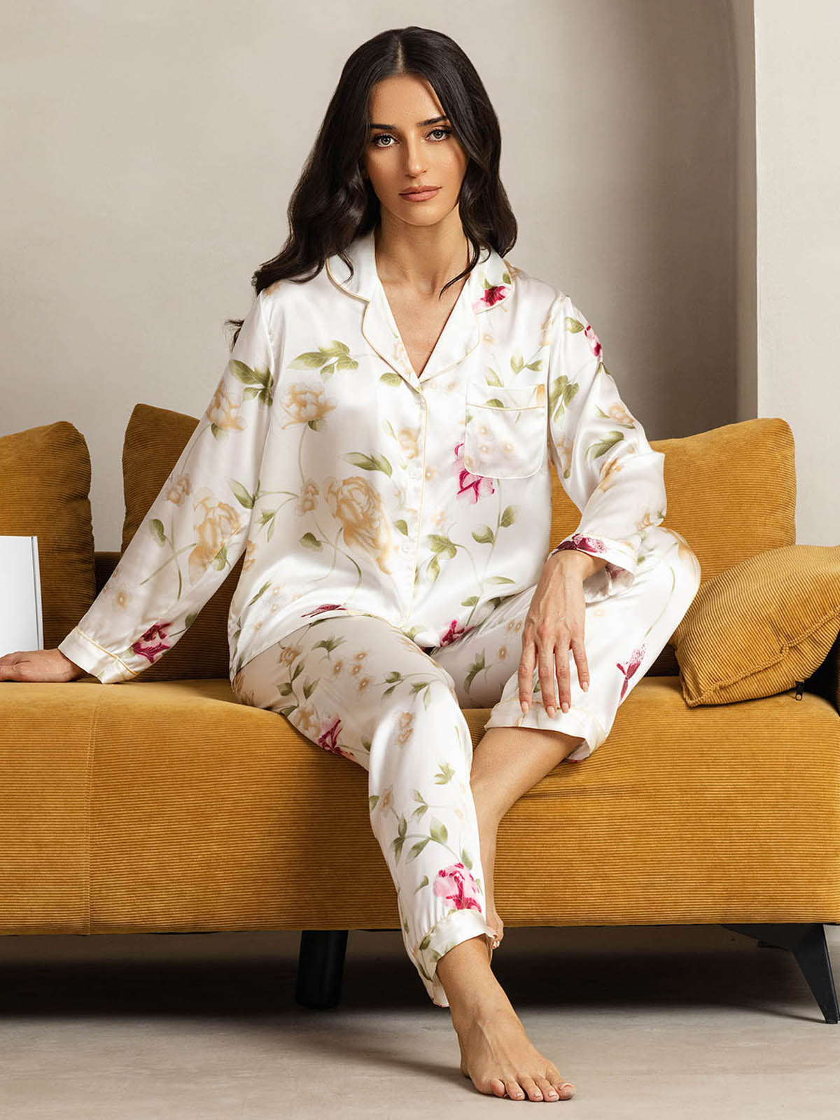 [Ivory Floral] SilkSilky-CA Pure Silk Womens Pajamas 004