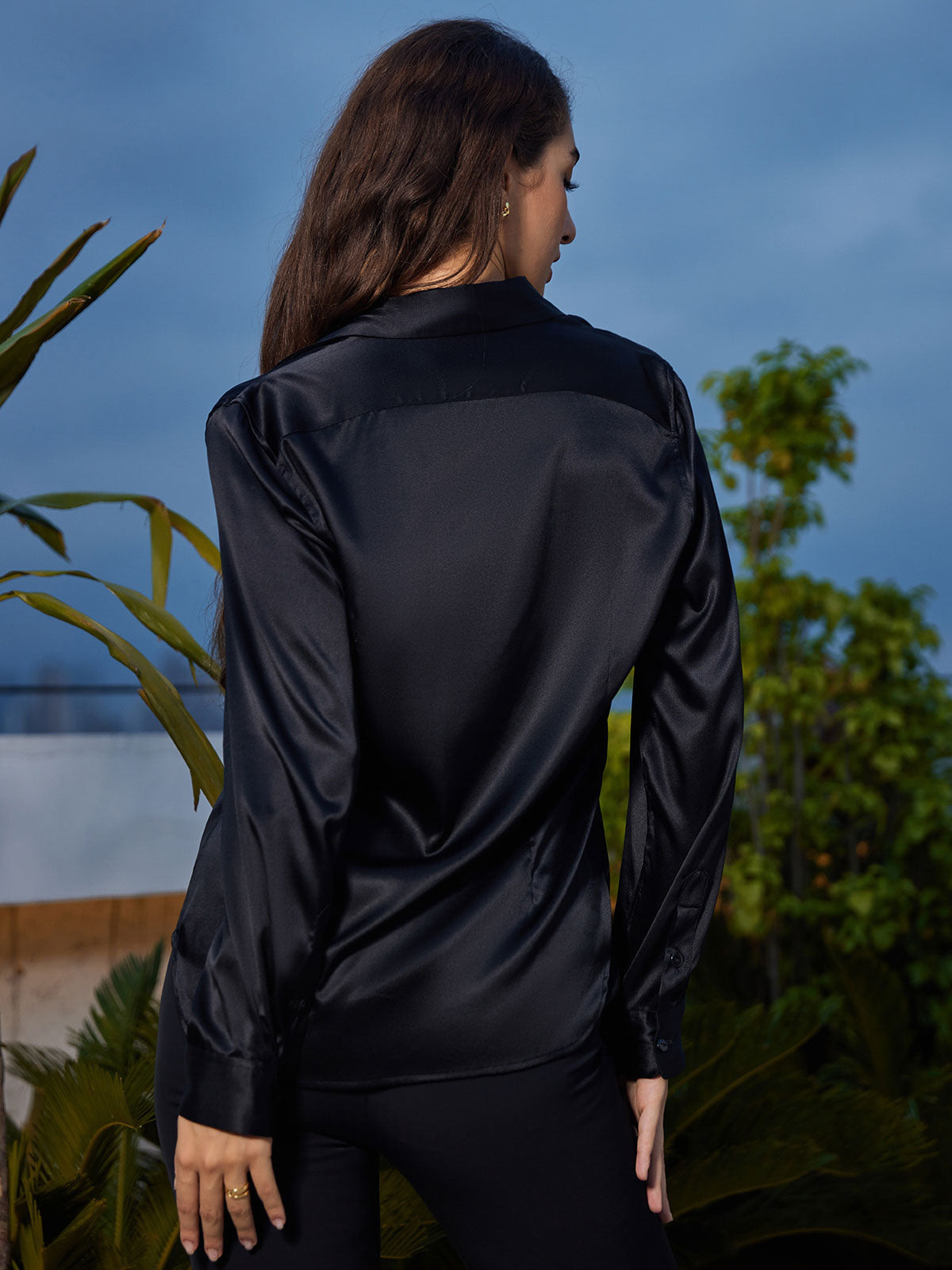 [Black] SilkSilky-CA Silk Long Sleeve Lapel Collar Women's Shirt 002