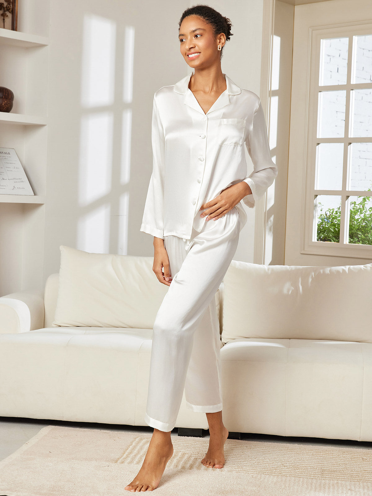 SilkSilky-CA Pure Silk Long Sleeve Lapel Women's Pajamas White 004