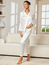 [White] SilkSilky-CA Long Sleeve Lapel Collar Women's Pajamas 004