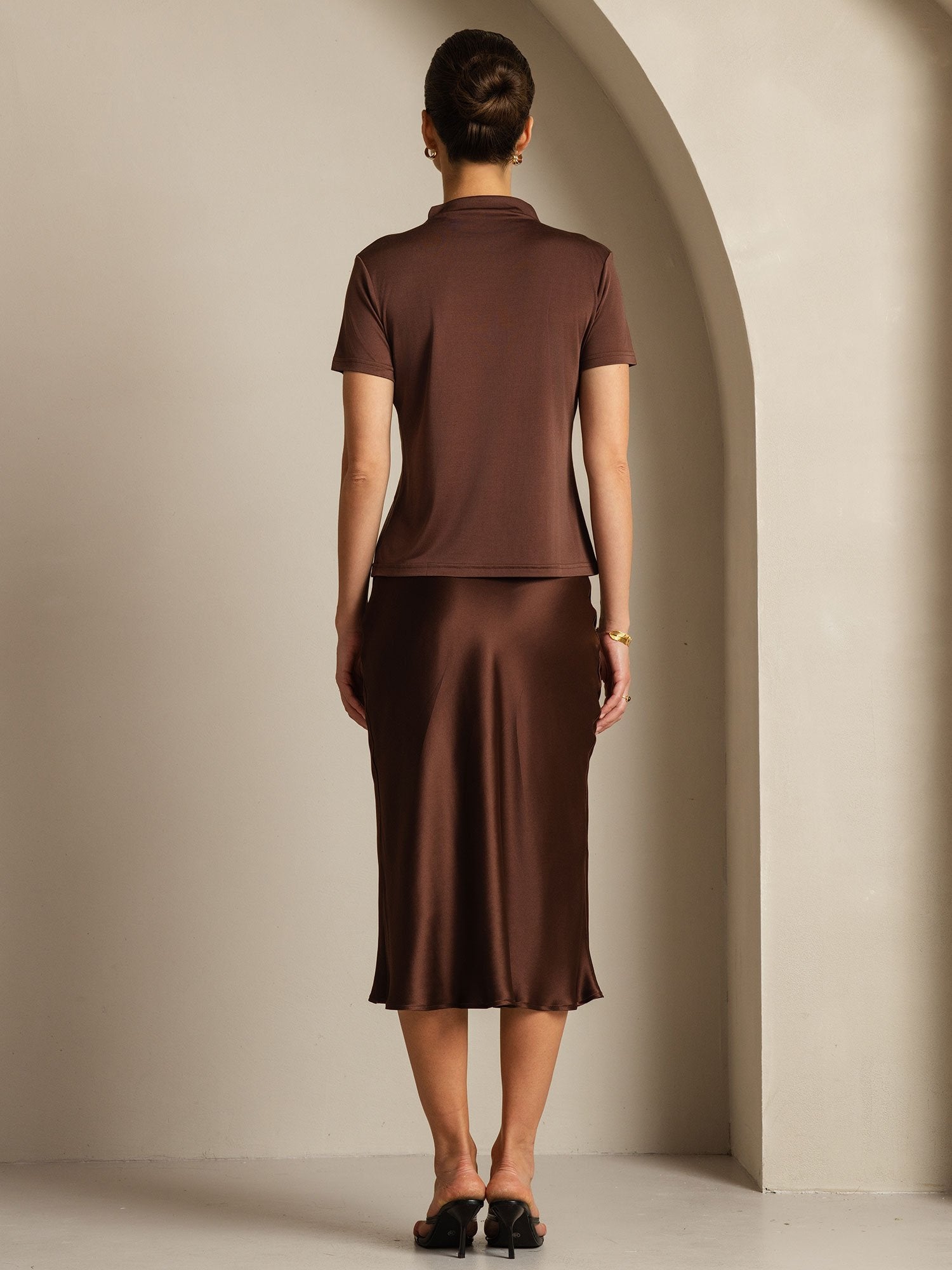 [Coffee] SilkSilky-CA Pure Silk Collar Women's T-Shirt 007