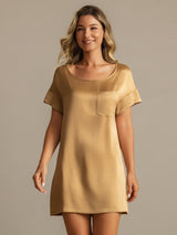 [Tan] SilkSilky-CA 19Momme Machine-Washable Silk Short Sleeve Round Neck Nightgown 005