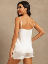 [White] SilkSilky-CA 19Momme Machine-Washable Silk Spaghetti Strap Round Neck Camisole Set 002