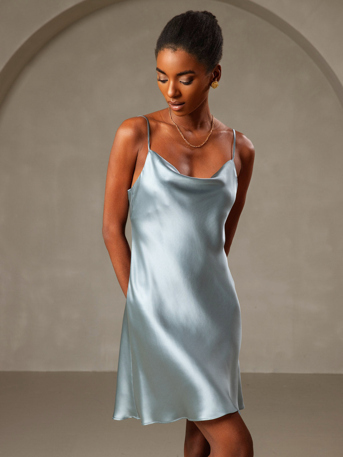 [Grayish Blue] SilkSilky-CA Pure Silk Cowl Neck Dress 005