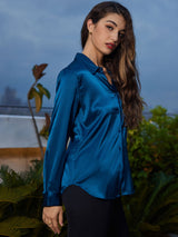 [Teal] SilkSilky-CA Long Sleeve Lapel Collar Women's Shirt 004