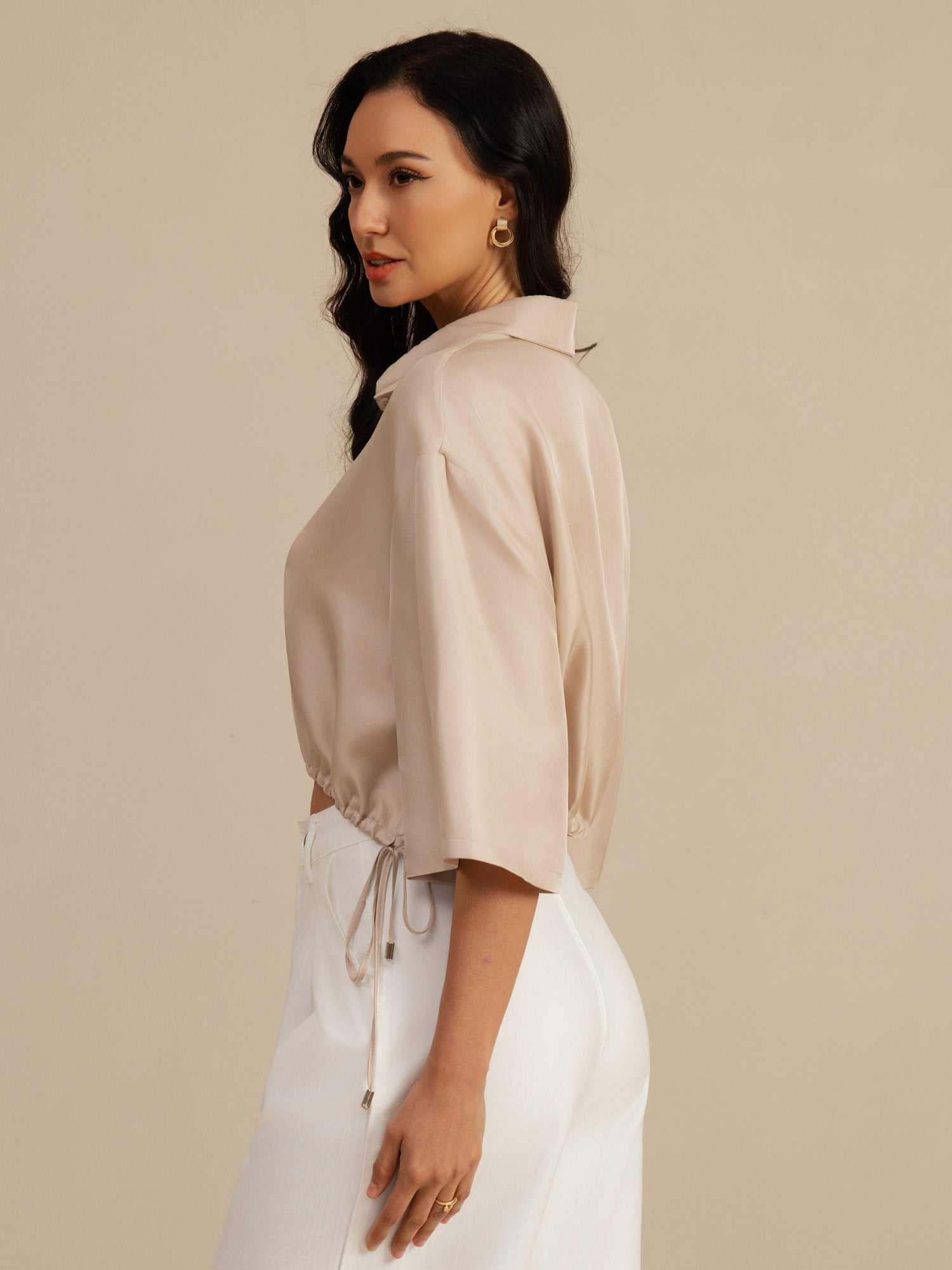 [Tan] SilkSilky-CA 18Momme Silk Satin Surah Half Sleeve Lapel Collar Blouse 003