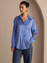 [Blue Pinstripe] SilkSilky-CA Long Sleeve Lapel Collar Women's Shirt 004