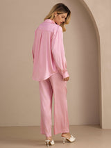 [Pink Pinstripe] SilkSilky-CA Long Sleeve Lapel Collar Women's Outfit Sets 002