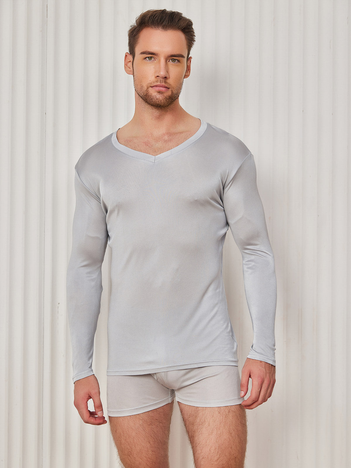 SilkSilky CA Silk Knitted Long Sleeve V Neck Men's T Shirt LightGray 001