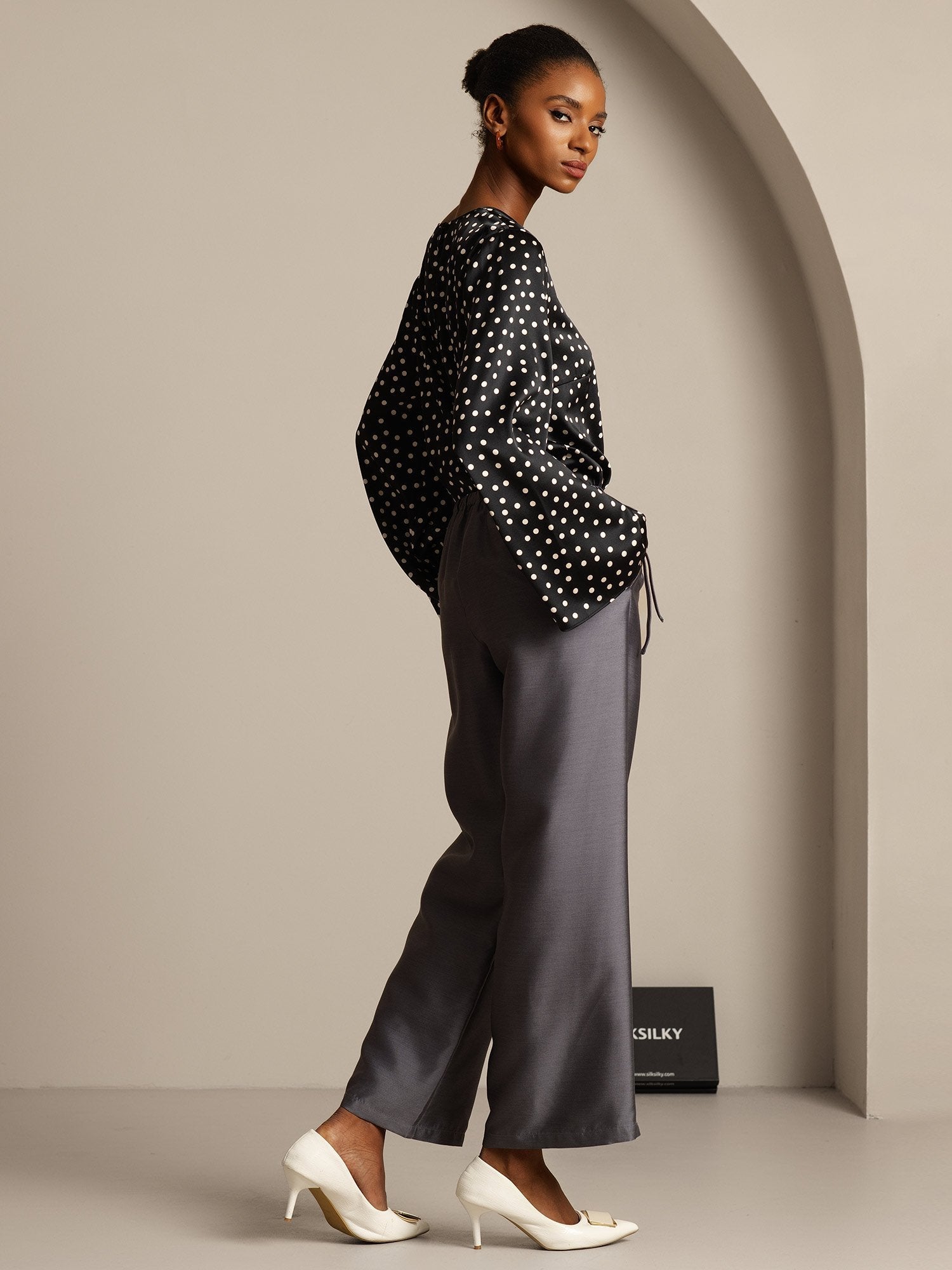 [Gray] SilkSilky-CA 32Momme Silk-Wool Blend Womens Pants 007,