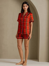 [Red Plaid] SilkSilky-CA Short Sleeve Notch Collar Women's Pajamas 006