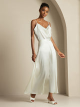 [White] SilkSilky-CA 19Momme Stretch Silk Charmeuse Spaghetti Strap Cowl Neck Women''s Outfit Sets 004