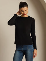 [Black] SilkSilky-CA 100% Silk Jersey Long Sleeve Crew Neck Women's T-Shirt 007