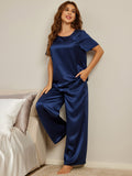 SilkSilky CA Pure Silk Short Sleeve Round Neck Women's Pajamas DarkBlue 003