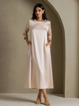 [Beige] SilkSilky-CA 3/4 Sleeve Round Neck Dress 001