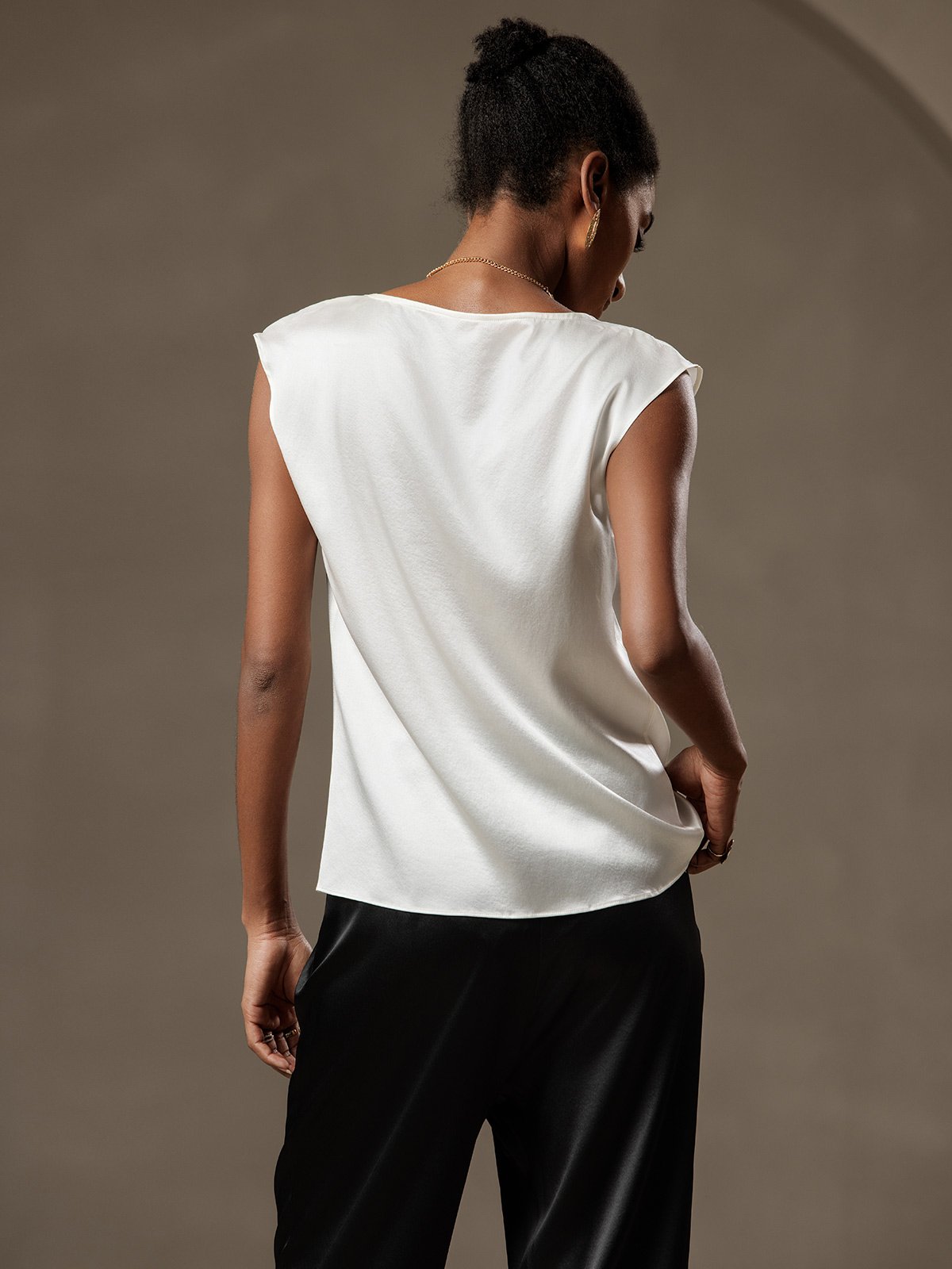 [White] SilkSilky-CA 19Momme Silk Cap Sleeve Cowl Neck Women's T-Shirt 002