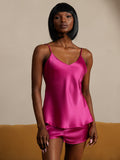 SilkSilky-CA Pure Silk Sleeveless V Neck Camisole Set RoseRed 004