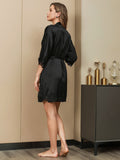 SilkSilky CA Pure Silk Half Sleeve Nightgown&Robe Set Black 004