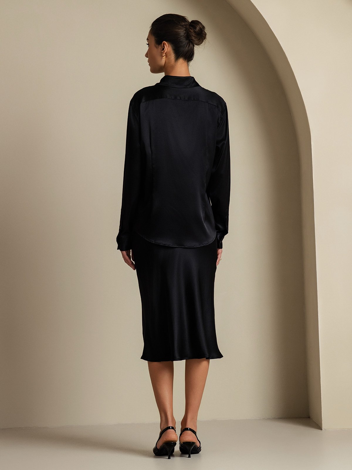 [Black] SilkSilky-CA 19Momme Silk Knitted Lapel Collar Women''s Outfit Sets 002,