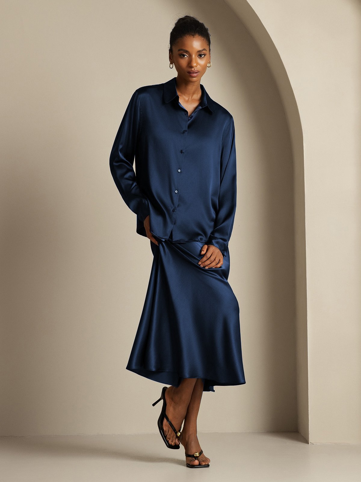 [Dark Blue] SilkSilky-CA 19Momme Silk Knitted Lapel Collar Women''s Outfit Sets 003,