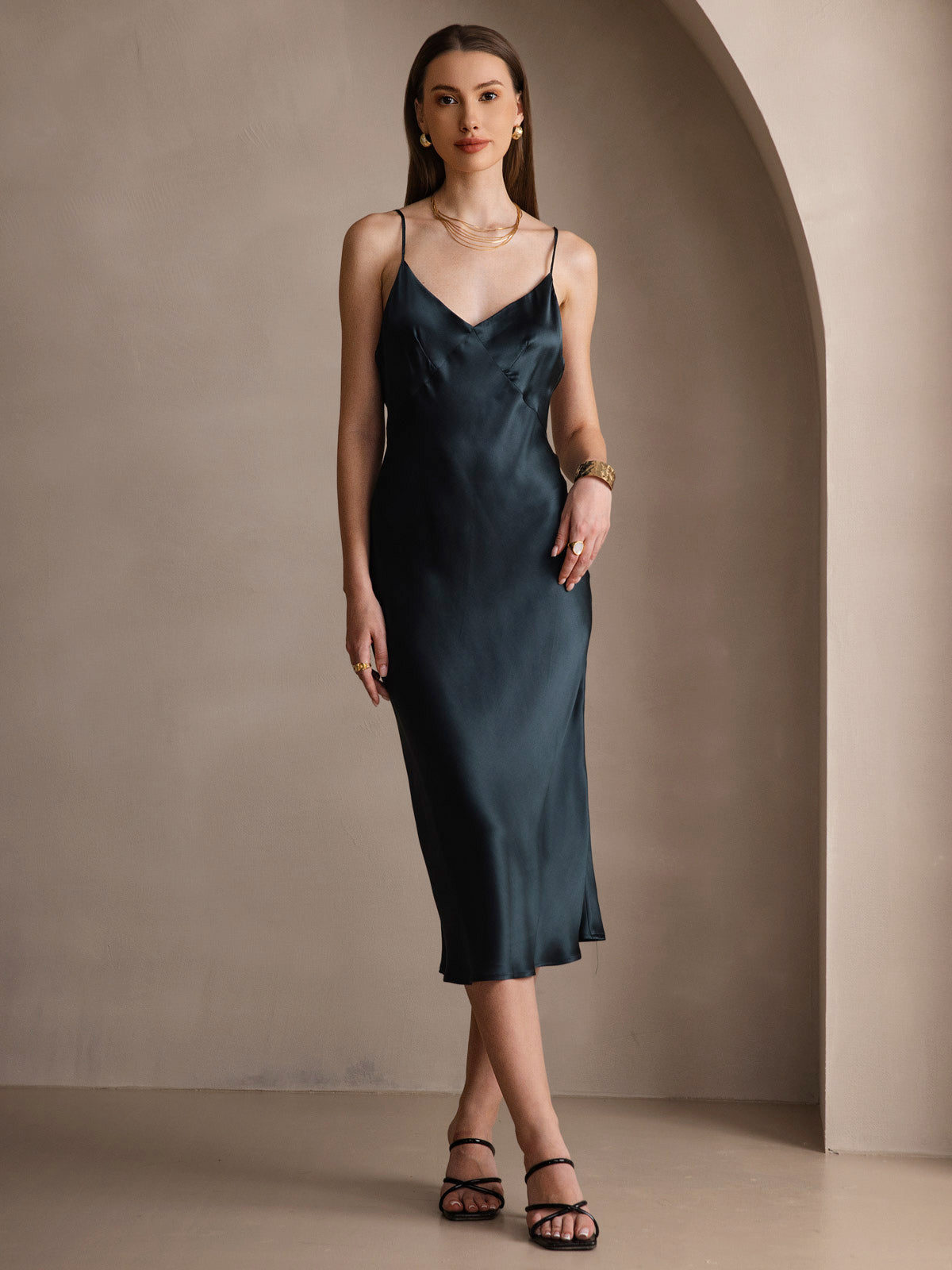 SilkSilky-CA 19Momme Pure Silk Sleeveless V Neck Dress DarkGreen 001