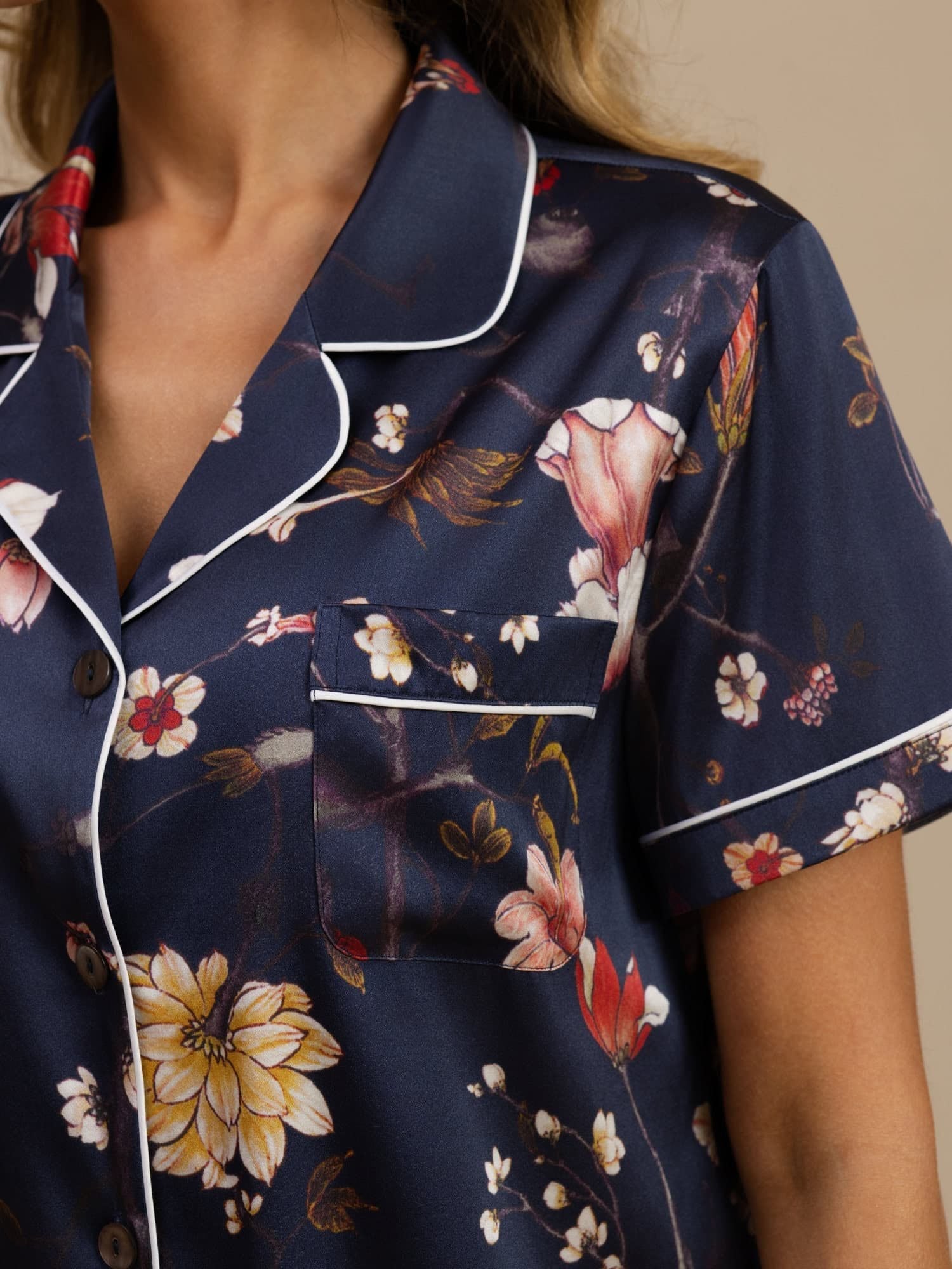 [Navy Floral] SilkSilky-CA Short Sleeve Notch Collar Women's Pajamas 004