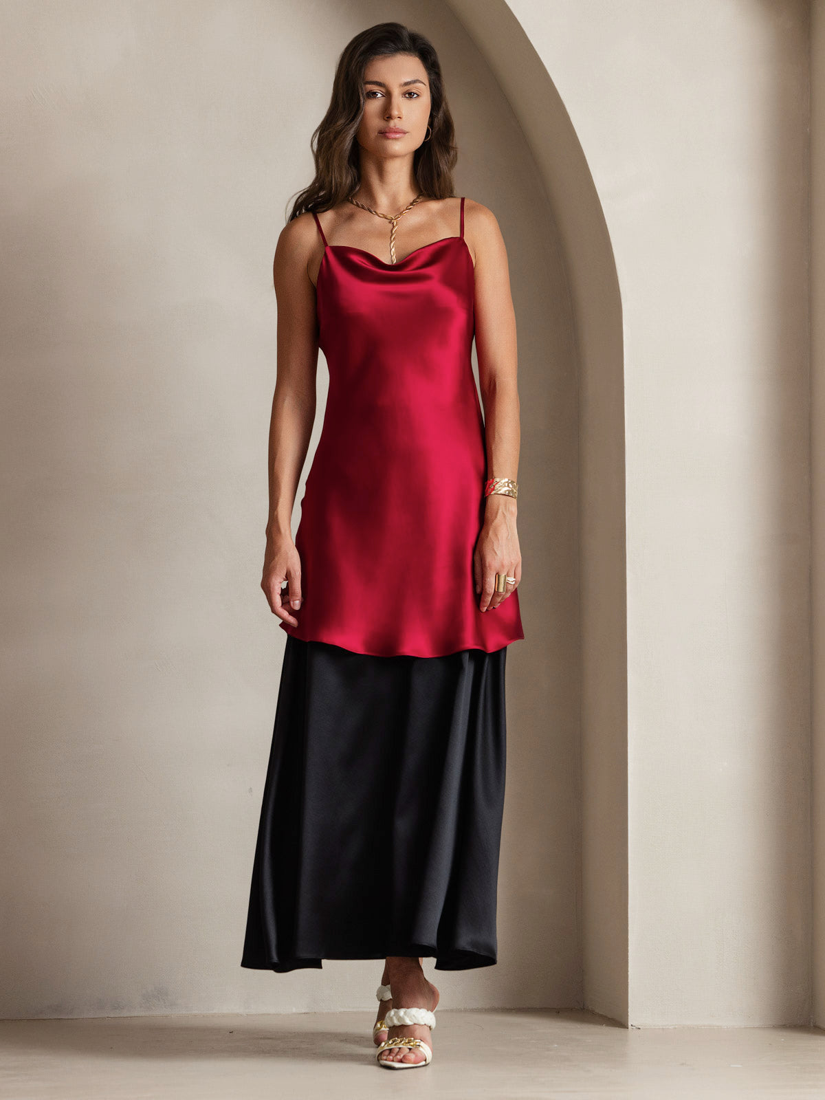 [Wine] SilkSilky-CA Pure Silk Cowl Neck Dress 007