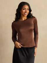[Coffee] SilkSilky-CA 100% Silk Jersey Long Sleeve Crew Neck Women's T-Shirt 001
