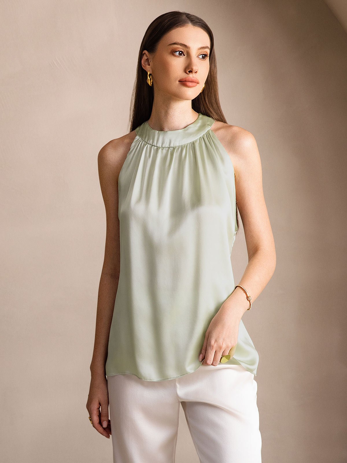 SilkSilky-CA 19Momme Silk Sleeveless Womens T-Shirt LightGreen 001